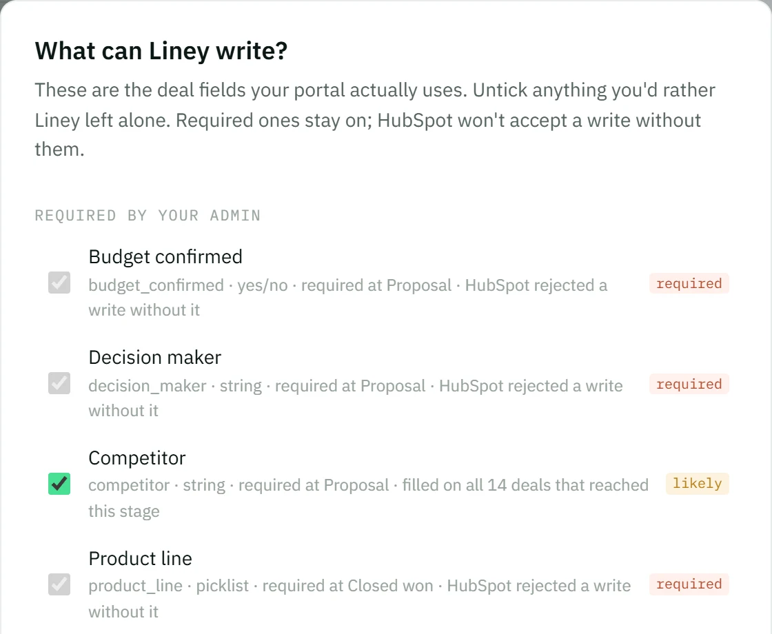 The field picker: each deal property with a tick box, and a required or likely tag.